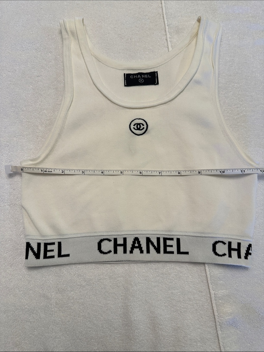 CHANEL Cream Knit Tank Top with Black Logo Band